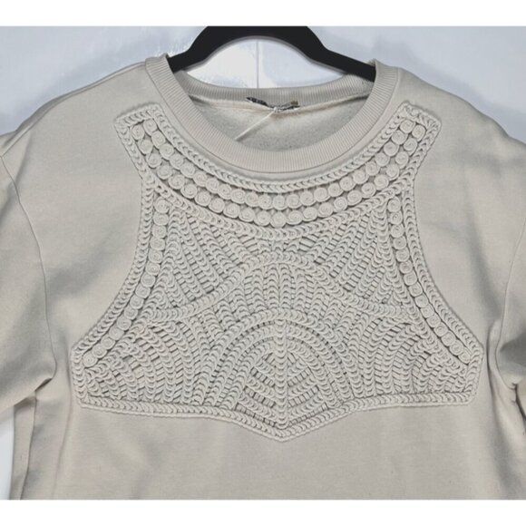 Zara Sweatshirt Cream Crochet Detail Crew Neck – Size Small – Casual/Chic - Picture 2 of 2